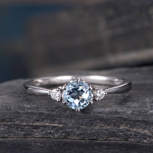 Aquamarine Engagement Ring 3 Stone Ring White Gold Diamond Thin Minimalist Birthstone March Promise Ring Anniversary Bridal