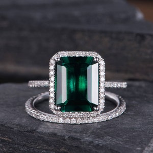 3CT Lab Emerald Engagement Ring Set White Gold Emerald Cut Diamond Eternity Band Halo Bridal Set 8x10mm May Birthstone Ring
