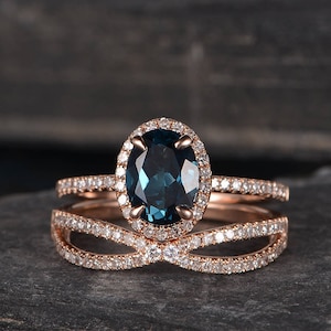 London Blue Topaz Engagement Ring Bridal Set Rose Gold Oval Cut Halo Half Eternity Infinity Diamond Band Birthstone Match Women Anniversary