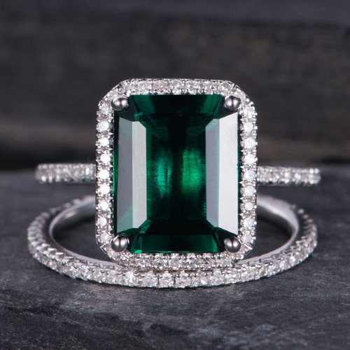 Rose Gold Lab Emerald Engagement Ring Diamond Halo Cushion Cut - Etsy