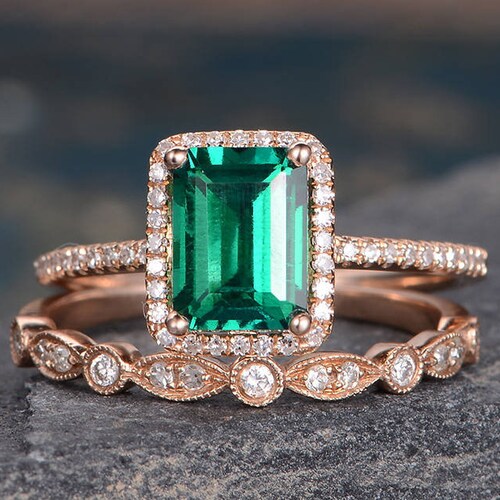 Lab Emerald Engagement Ring Set Rose Gold Bridal Set Halo - Etsy