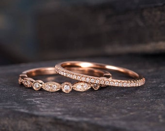 Milgrain Diamond Wedding Band Women Rose Gold Art Deco Diamond Eternity Band Bridal Set 2pcs Delicate Minimalist Dainty Anniversary Gift