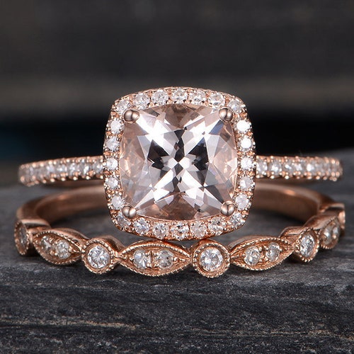 Morganite Engagement Ring Rose Gold Diamond Cushion Cut Halo - Etsy