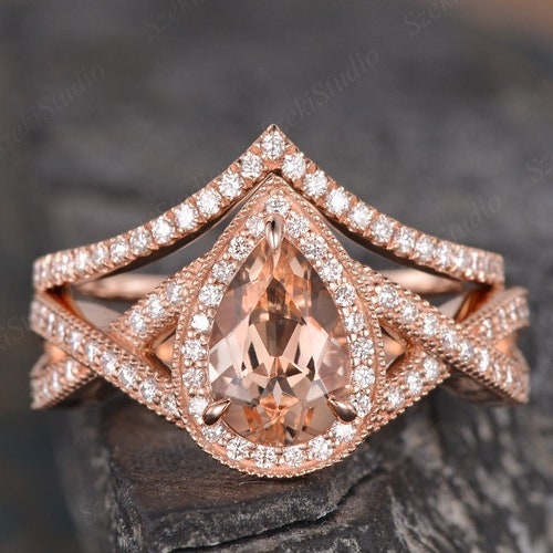 Morganite Ring Set Vintage Rose Gold Pear Shaped Pink - Etsy