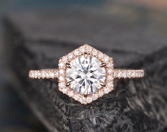 Rose Gold Moissanite Engagement Ring Hexagon Moissanite Ring Round Halo Diamond Half Eternity Unique Hexagon Shaped Bridal Wedding Ring