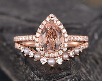 Pearl Morganite Engagement Ring Set Rose Gold Bridal Set Wedding Halo Diamond Half Eternity Band Women Tear Drop Anniversary Gift