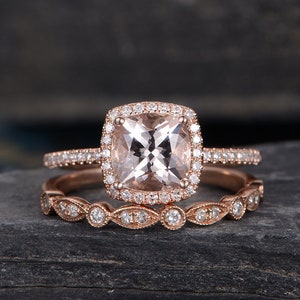 Morganite Engagement Ring Cushion Cut Morganite Ring Rose Gold Bridal Set Halo Diamond Anniversary Gift Women Wedding Ring Half Eternity