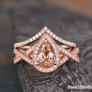 Rose Gold Morganite Bridal Set Engagement Ring Pear Shaped Halo Ring Diamond Half Eternity Infinity Band Women Tear Drop Anniversary 2Pcs