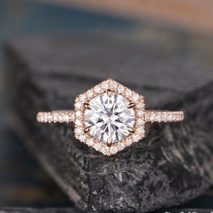 Rose Gold Moissanite Engagement Ring Hexagon Moissanite Ring Round Halo Diamond Half Eternity Unique Hexagon Shaped Bridal Wedding Ring