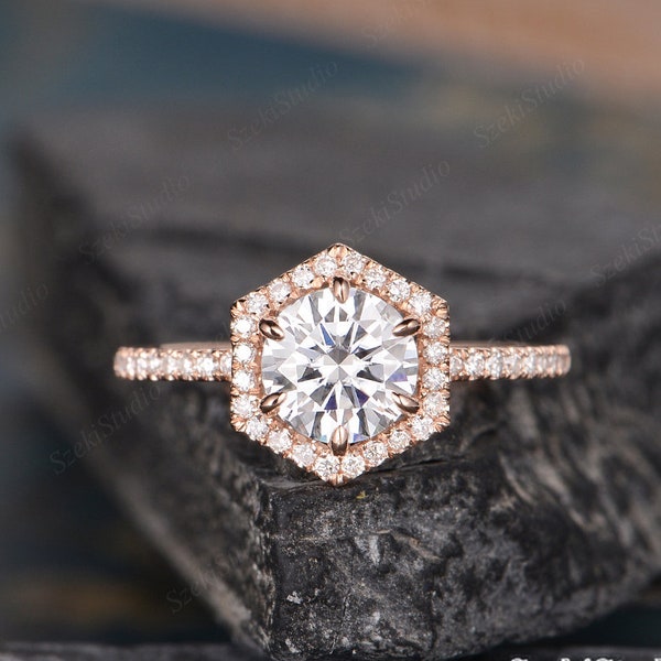 Rose Gold Moissanite Engagement Ring Hexagon Moissanite Ring Round Halo Diamond Half Eternity Unique Hexagon Shaped Bridal Wedding Ring