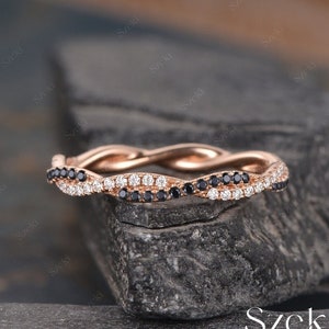 Full Eternity Infinity Black Diamond Weeding Band Twist Black Moissanite Matching Ring Woman Rose Gold Delicate Dainty Ring Stacking