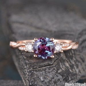 Three Stone Alexandrite Engagement Ring Infinity Rose Gold Alexandrite Ring Twist Diamond Half Eternity Ring Bridal Woman Promise Ring