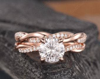 Infinity Moissanite Engagement Ring Set Rose Gold Bridal Set Twist Solitaire Diamond Half Eternity Ring Women Promise Anniversary 2pcs 1.2ct