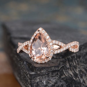 Pear Shaped Morganite Engagement Ring Rose Gold Natural Diamond Halo ...