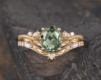 Oval Green Sapphire Engagement Ring Set Yellow Gold Tulip Flower Ring Set Nature Leaf Wedding Ring Moissanite Stacking Band Promise Ring