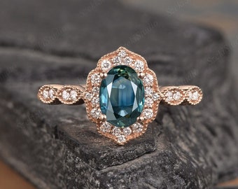 Oval Teal Sapphire Engagement Ring Natural Montana Sapphire Wedding Ring Rose Gold Blue Green Sapphire Women Half Eternity Ring Bridal Ring