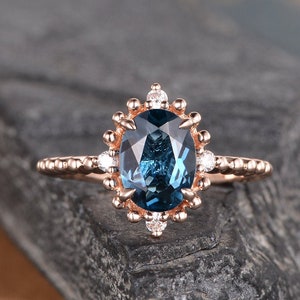 Gelbgold Verlobungsring Halo Diamant Halbe Ewigkeit London Blautopas Oval Schliff Jahrestag Versprechen Ring Frauen Braut massiv 14K Schlicht