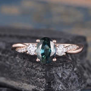 5x7mm Oval Cut Green Sapphire Engagement Ring Rose Gold Three Stone Teal Natural Sapphire Ring Infinity Twist Diamond Bridal Women