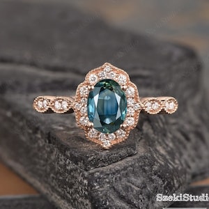 Oval Teal Sapphire Engagement Ring Natural Montana Sapphire Wedding Ring Rose Gold Blue Green Sapphire Women Half Eternity Ring Bridal Ring