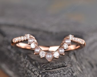 Pearl Matching Ring Curved Wedding Band Women Rose Gold Pearl Moissanite Ring Custom Made Ring Diamond Half Eternity Chevron Stacking Ring