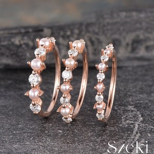 Size Choice 2.0/2.5/3.0mm Pearl Wedding Band Women Rose Gold Pearl Diamond Matching Band Natural Pearl Ring Eternity Stack Promise Gift