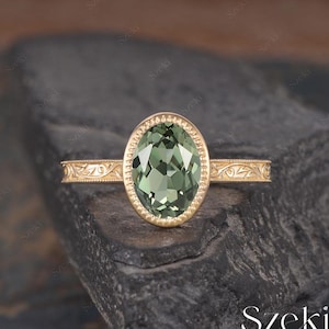 Vintage Oval Cut Green Sapphire Engagement Ring Yellow Gold Natural Inspired Leaf Ring Engraving Ring Bezel Setting Vine Ring Promise Ring