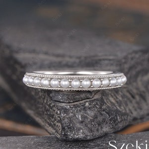 White Gold Pearl Wedding Band Women Pearl Matching Band Akoya Pearl Ring Stacking Minimalist Delicate Dainty Bridal Half Paved Ring