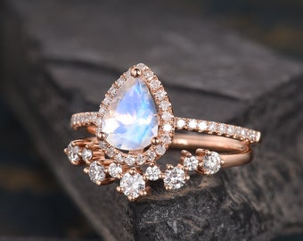 Pear Shaped Moonstone Engagement Ring Cluster Diamond Ring Bridal Set Rose Gold Curved Chevron Halo  Women Jun Birthstone Wedding 2pcs