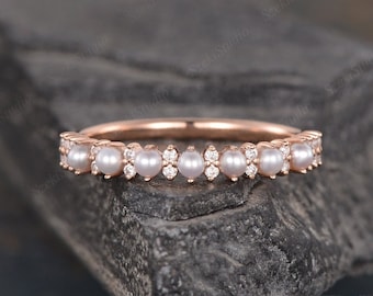 Pearl Diamond Wedding Band Art Deco Rose Gold Matching Band Moissanite Akoya Pearl Wedding Ring Vintage Bridal Ring Delicate Dainty Bridal