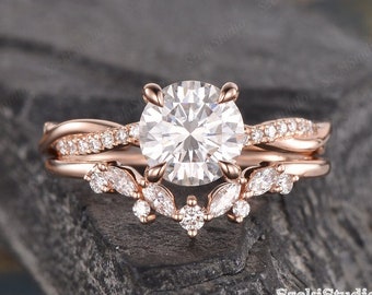 Infinity Moissanite Engagement Ring Set Rose Gold Bridal Set Twist Solitaire Moissanite Ring Cluster Diamond Band Half Eternity Set 1.2ct