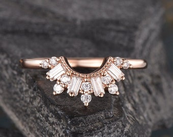 Curved Moissanite Wedding Band Rose Gold Matching Wedding Band Women Stacking Chevron Custom Made Ring Baguette Cut Cluster Bridal Ring