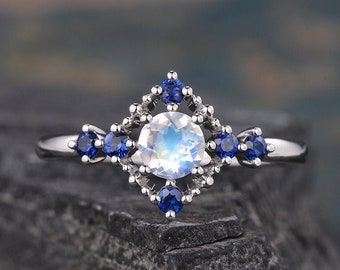 Art Deco Sapphire And Moonstone Engagement Ring Rose Gold Engagement Ring Half Eternity Natural Sapphire Birthstone Bridal Wedding Woman