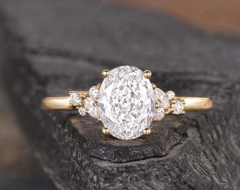 Oval slipad diamantförlovningsring i gult guld, delikat solitärring i kluster, IGI-diamantring, löfte till henne