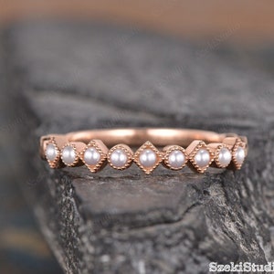 Dainty Pearl Wedding Band Women Rose Gold Pearl Matching Band Pearl Ring Half Eternity Stacking Minimalist Delicate Dainty Bridal