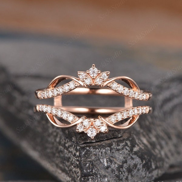 Moissanite Cage Ring gebogen Moissanite trouwring Twist Rose Gold Enhancer trouwring Vintage bijpassende stapelen bruidsring verjaardag