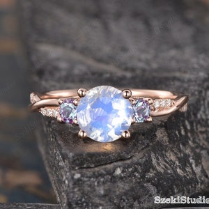 Moonstone Alexandrite Engagement Ring Infinity Twist Diamond Rose Gold Rainbow Moonstone Ring Women Promise Ring June Birthstone Ring