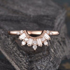 Curved Moissanite Wedding Band Rose Gold Matching Wedding Band Women Stacking Chevron Custom Made Ring Baguette Cut Cluster Bridal Ring