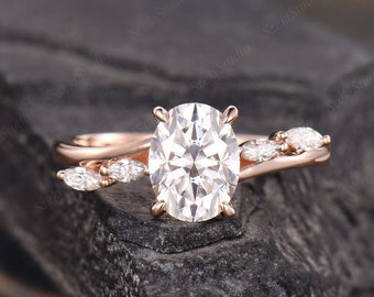 1.5ct Oval Moissanite Engagement Ring Rose Gold Moissanite Ring Cluster Bridal Ring Three Stone Diamond Half Eternity Ring Anniversary