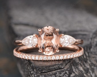 Oval Cut Morganite Engagement Ring Rose Gold Pear Shaped Moissanite Bridal Wedding Women Antique Ring Anniversary Gift For Her Drop Tear