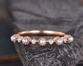 Dainty Pearl Diamond Wedding Band Women Rose Gold Pearl Matching Band Akoya Pearl Ring Half Eternity Stacking Minimalist Delicate Bridal
