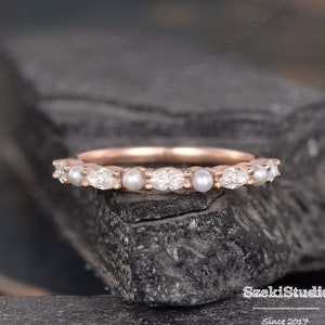 Marquise Diamond Pearl Band Dainty Cluster  Diamond Wedding Band Women Rose Gold Pearl Matching Band Natural Pearl Ring Stacking