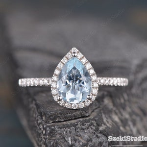 Anello di fidanzamento con acquamarina a forma di pera Anello in oro bianco Anello nuziale con diamante Halo Anello antico da donna Regalo di anniversario per lei Pietra portafortuna Marzo