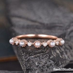 Dainty Pearl Diamond Wedding Band Women Rose Gold Pearl Matching Band Akoya Pearl Ring Half Eternity Stacking Minimalist Delicate Bridal