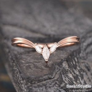 Marquise Moissanite Wedding Band Women Rose Gold  Dainty Wedding Band Women Curved Diamond Ring Unique V Shaped Chevron Matching Stack Ring