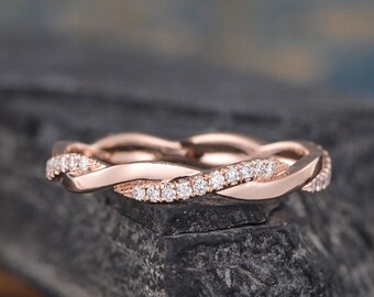 Infinity Diamond Weeding Band Twist Matching Band Woman Rose Gold Moissanite Delicate Dainty Ring Stacking Eternity Bridal Wedding Eternity