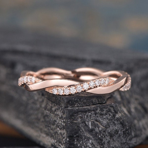 Infinity Diamond Weeding Band Twist Matching Band Woman Rose Gold Moissanite Delicate Dainty Ring Stacking Eternity Bridal Wedding Eternity