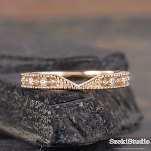 Diamond Wedding Band Women Yellow Gold Moissanite Beaded Bridal Ring Vintage Delicate Dainty Minimalist Ring  Anniversary Gift For Her