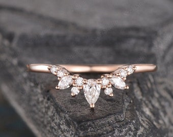 Cluster Moissanite Wedding Band Rose Gold Pear Shaped Curved Moissanite Ring Unique V Chevron Matching Ring Stack Dainty Bridal Custom Made