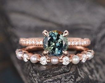 Montana Sapphire Engagement Ring Set Rose Gold Natural Sapphire - Main Image