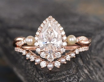 1ct Lab Grown Diamond Engagement Ring Set 2pcs with IGI appraisal Rose Gold Women Pear Shaped Halo Infinity Diamond Wedding Jewelry Ring 2pc